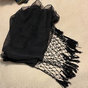 Elegant Black Sheer Scarf with Fringe